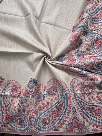 Off White-Pink Printed Art Silk Saree