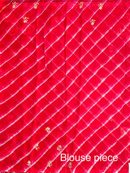 Red-Pink Kyra Leheriya Kota Doria Pure Silk Saree With Gota Patti Work