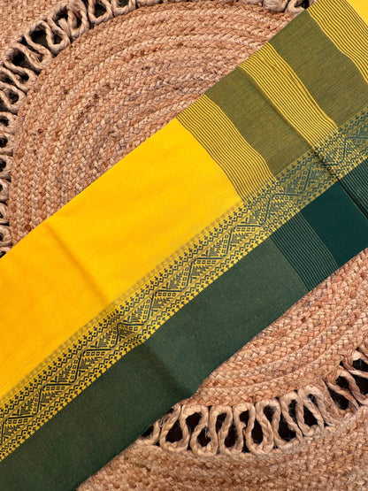 Yellow- Bottle Green Piku Bengal Cotton Saree