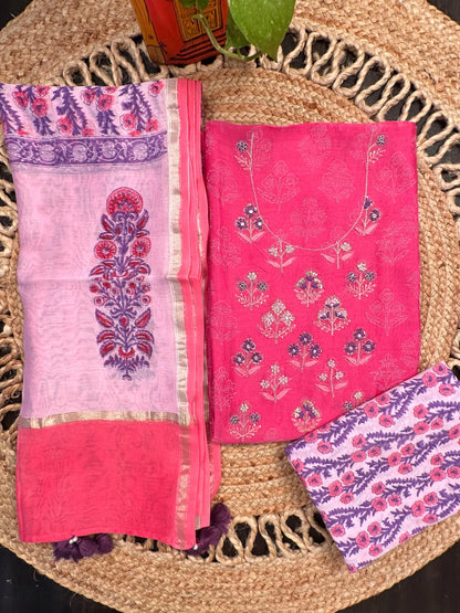 Pink Chanderi Khadi Hand Block Printed 3-Piece Unstitched Suit