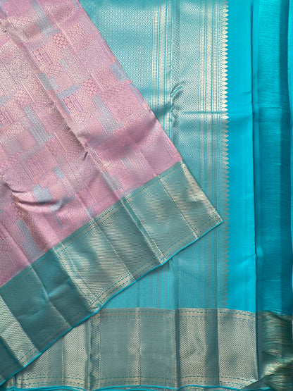 Pink-Firozi  Handloom Kanjivaram Jamawar Pure Silk Saree