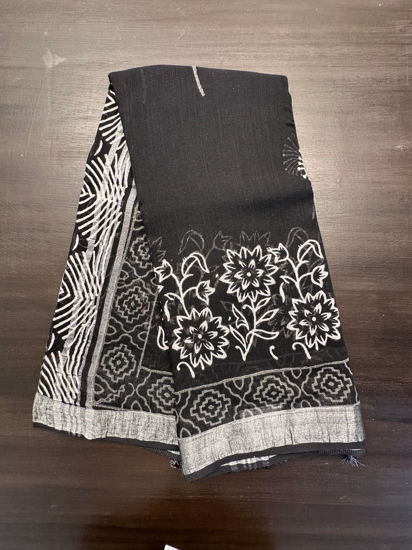 Black Printed Linen Saree