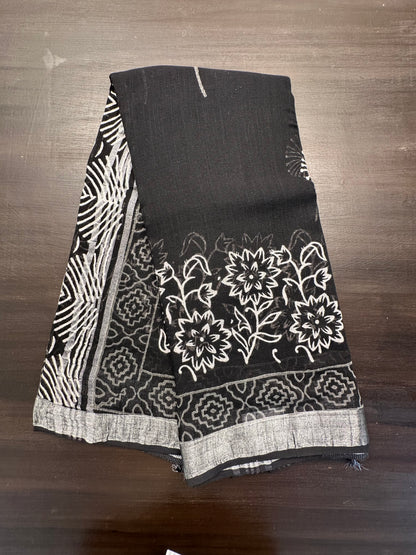Black Printed Linen Saree