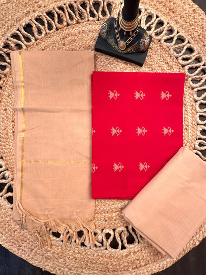 Red-Beige Warli South Cotton 3-Piece Suit