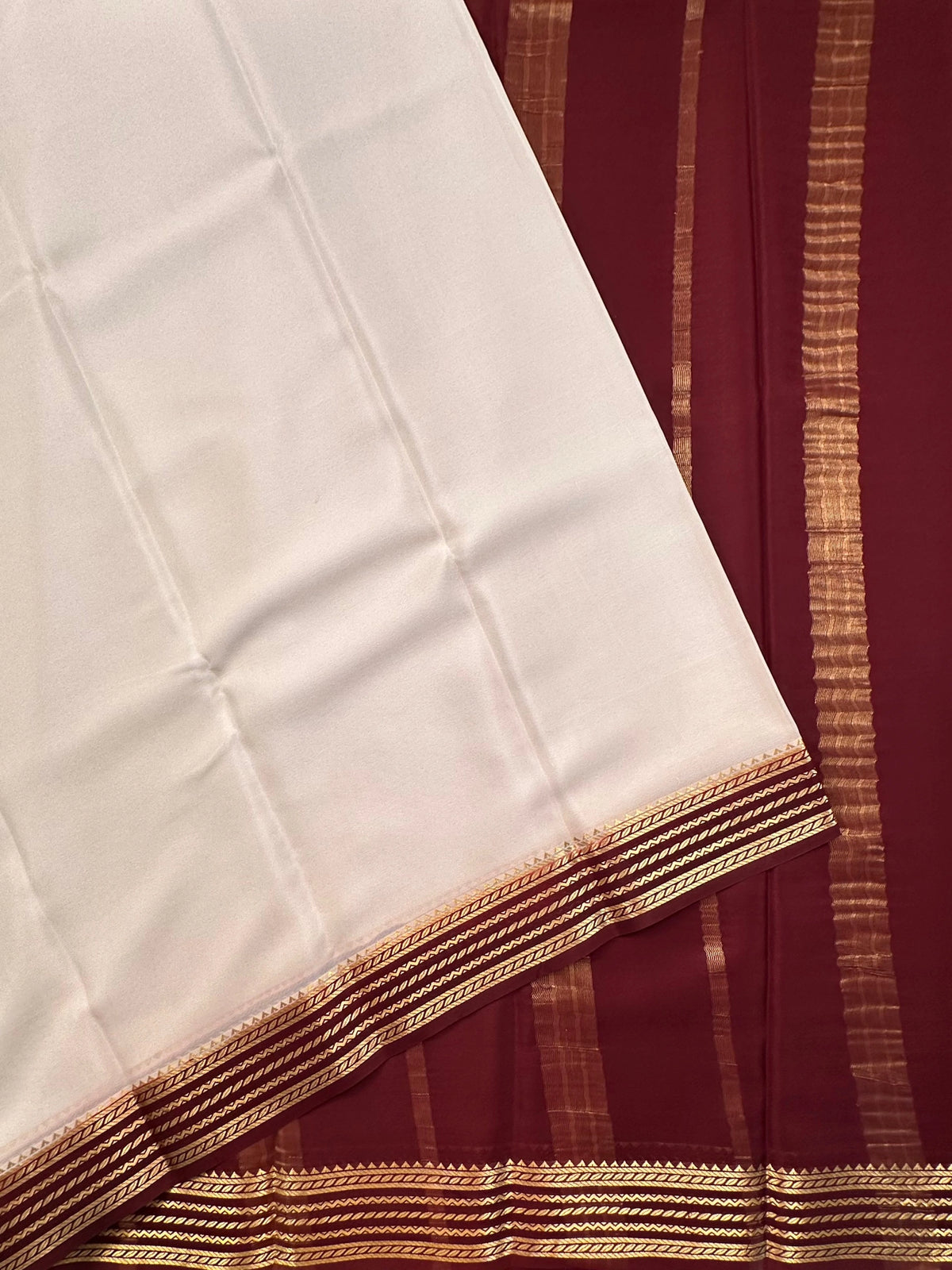 Cream-Maroon Mysore Crepe Saree
