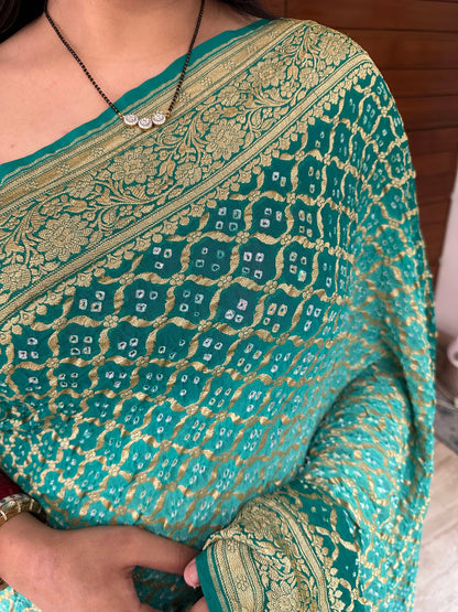 Sea Green Shaded Gharchola Bandhej Pure Khaddi Georgette Saree