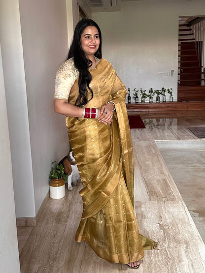 Mehndi Green Emboss Pure Tissue Silk Saree