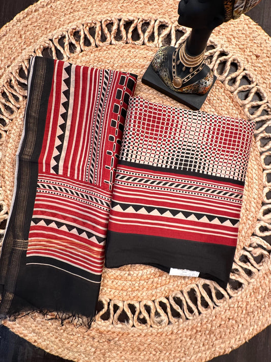 Black-Beige Printed Chanderi 3-Piece Unstitched Suit