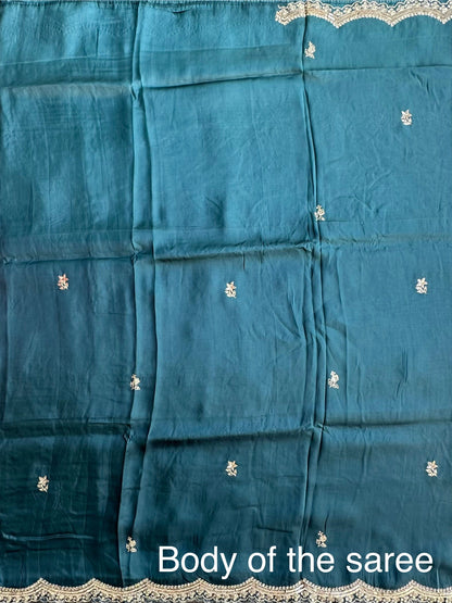 Turquoise Blue Artificial Crepe Saree With Hand Work