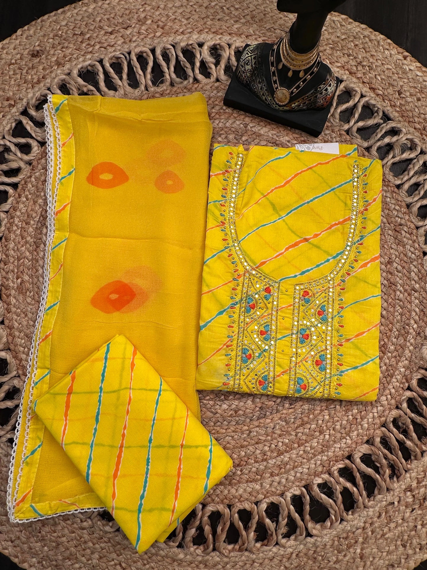 Yellow Leheriya Cotton 3-Piece Suit