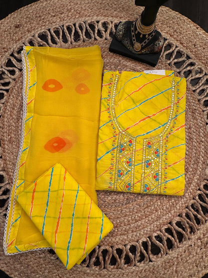 Yellow Leheriya Cotton 3-Piece Suit