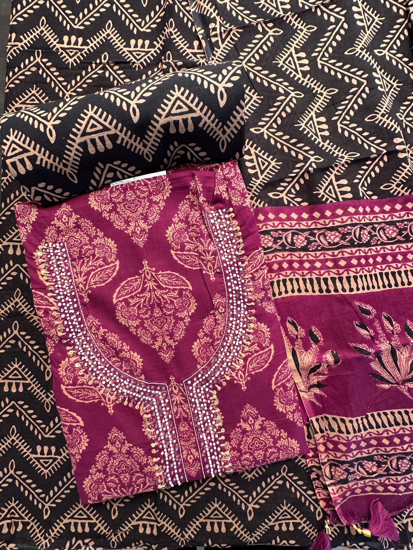 Magenta Printed Cotton 3-Piece Suit