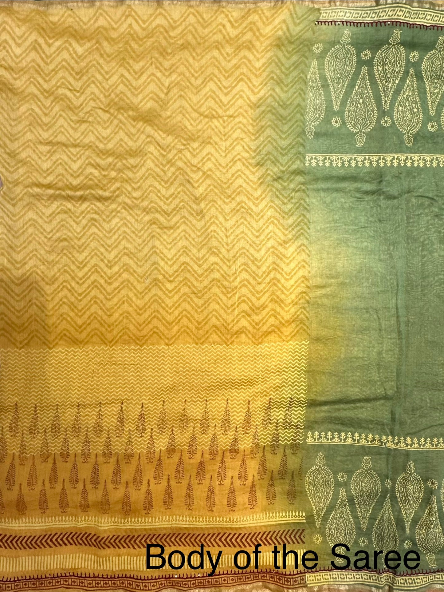 Mustard-Green Block Print Chanderi Saree With Kaantha Stitch