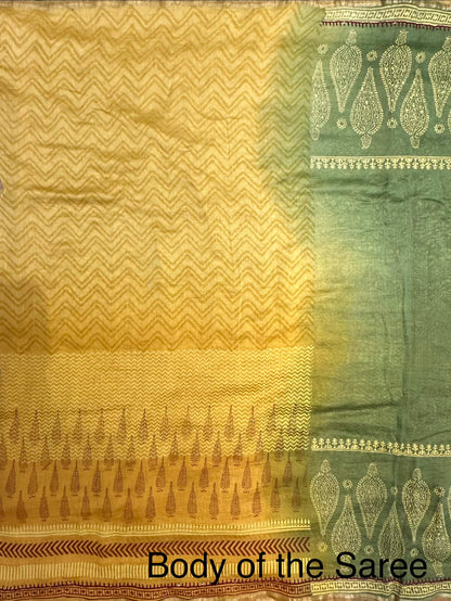Mustard-Green Block Print Chanderi Saree With Kaantha Stitch