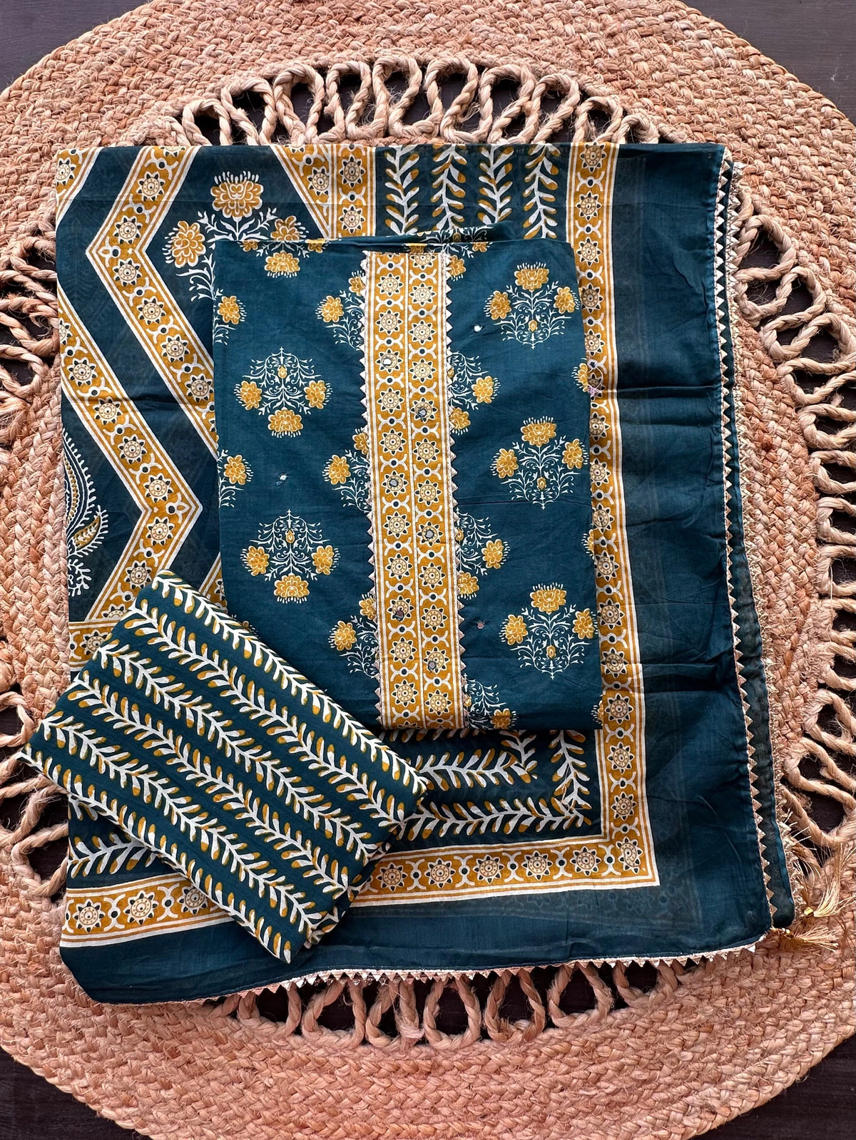 Teal Blue Jaipuri Necktie Cotton 3-Piece Suit