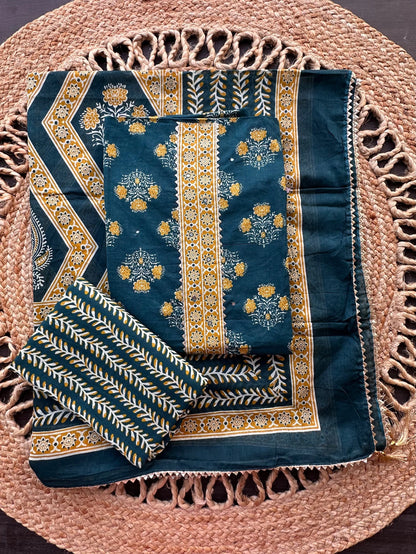 Teal Blue Jaipuri Necktie Cotton 3-Piece Suit