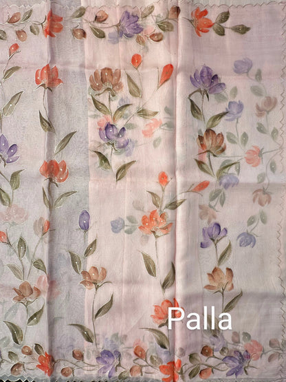 Baby Pink Floral Print Organza Saree