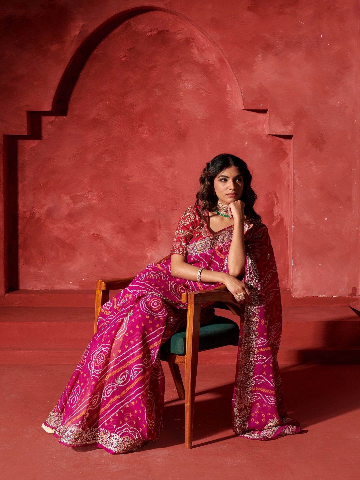 Bandhej Work Chinon Saree