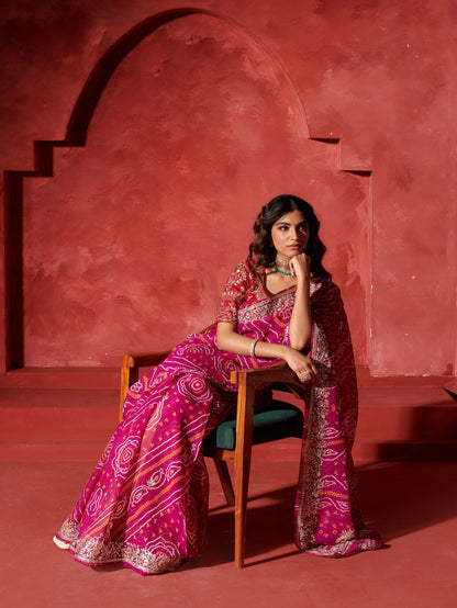 Bandhej Work Chinon Saree