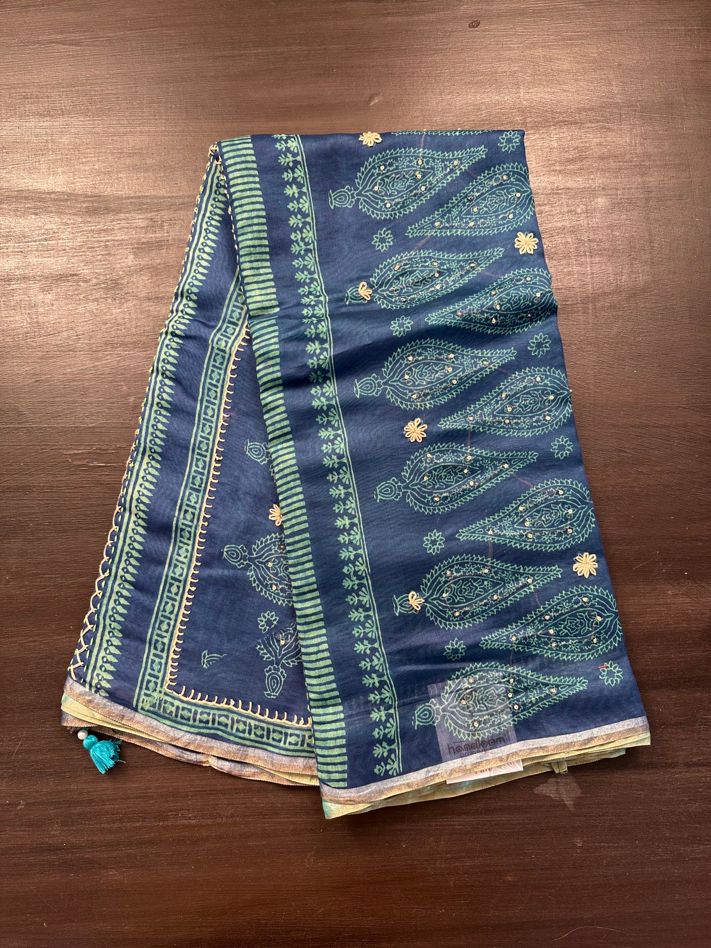Blue-Sea Green Block Print Chanderi Saree With Kaantha Stitch