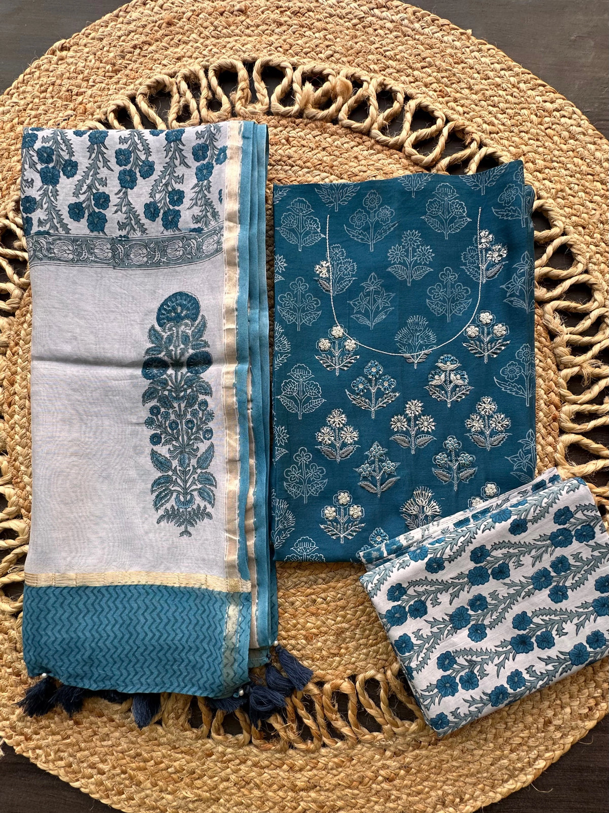 Blue Chanderi Khadi Hand Block Printed 3-Piece Unstitched Suit