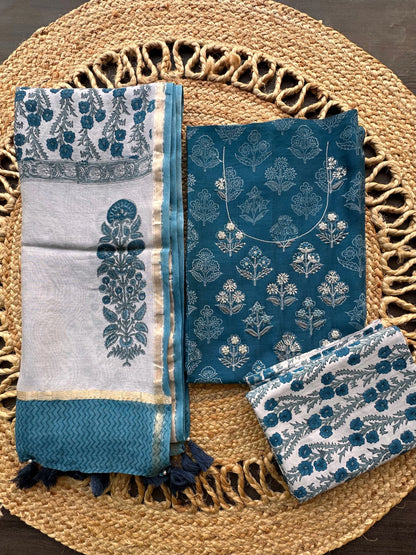 Blue Chanderi Khadi Hand Block Printed 3-Piece Unstitched Suit