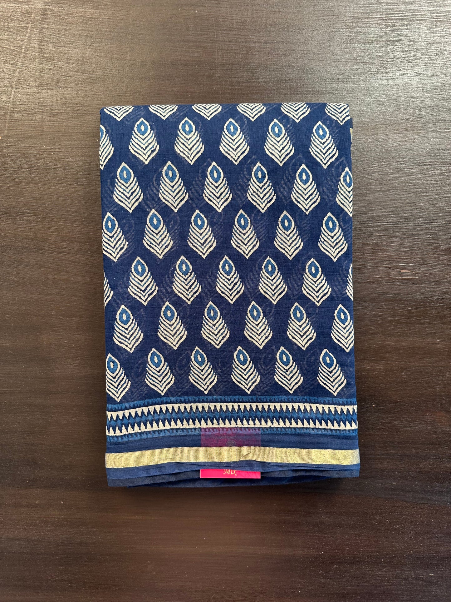 Indigo Blue Block Print Cotton Blend Saree