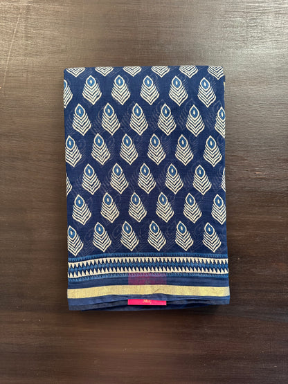 Indigo Blue Block Print Cotton Blend Saree