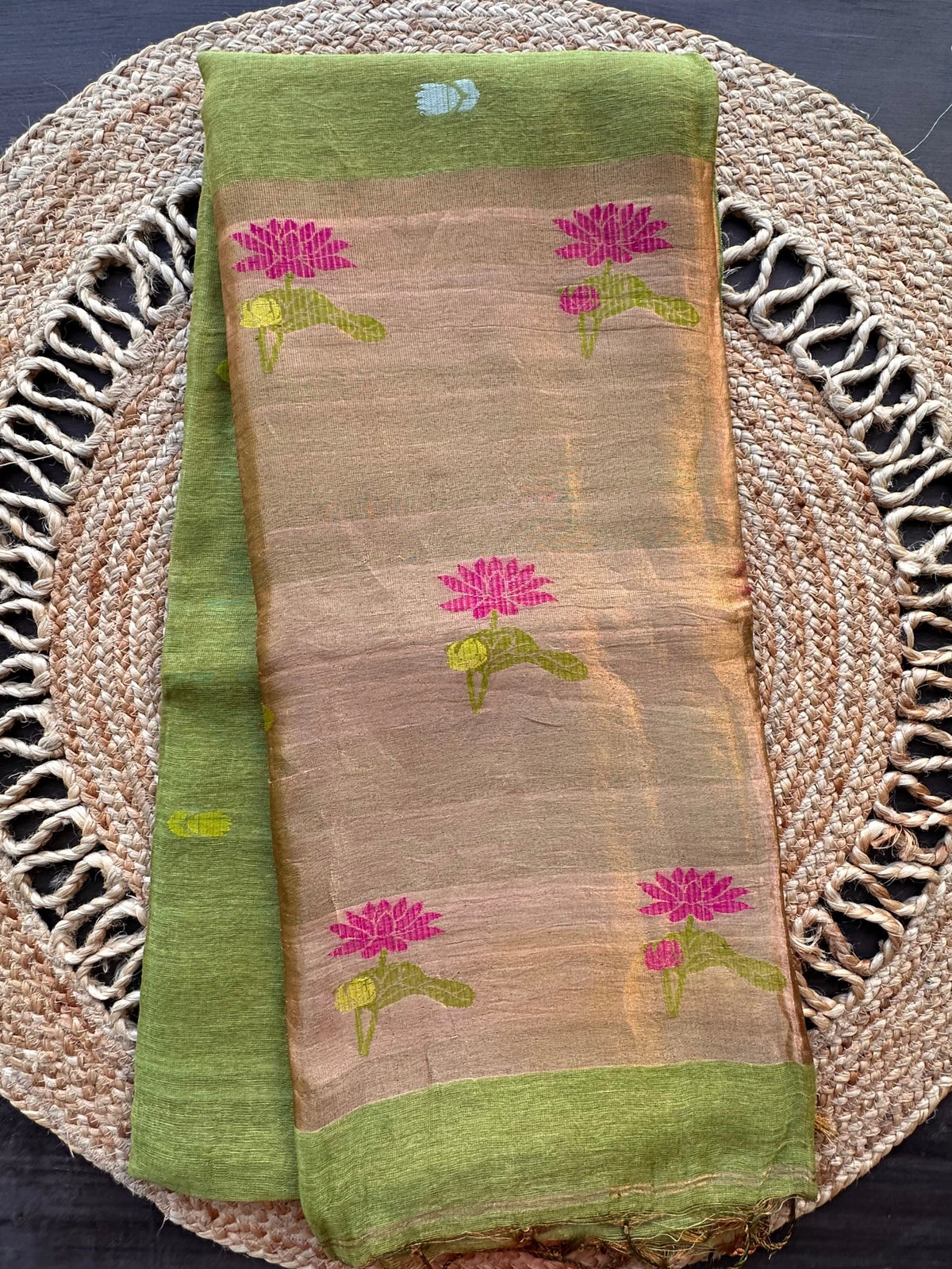 Green Fancy Cotton Tissue Saree ( Linen Texture)