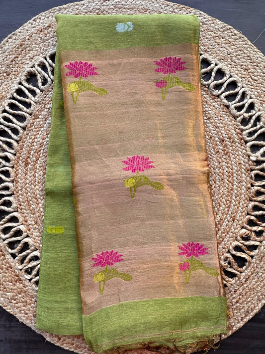 Green Fancy Cotton Tissue Saree ( Linen Texture)