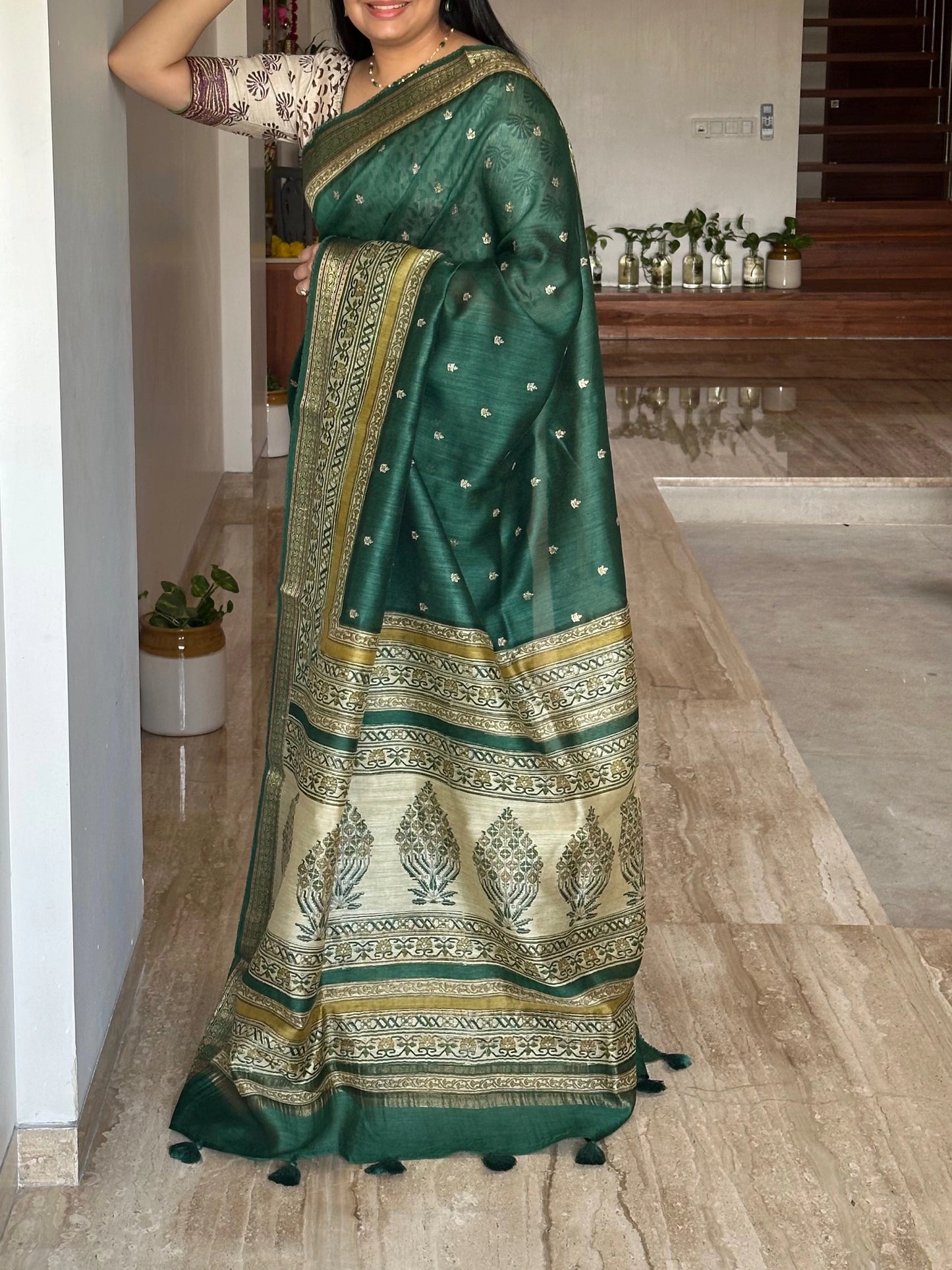 Bottle Green Muga Silk Saree