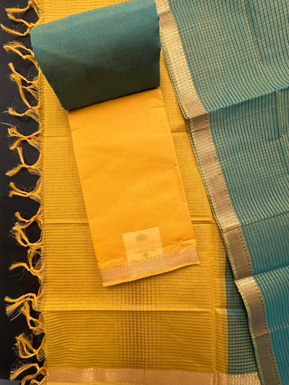 Yellow-Blue Mangalgiri Pure Cotton Unstitched 3-Piece Suit