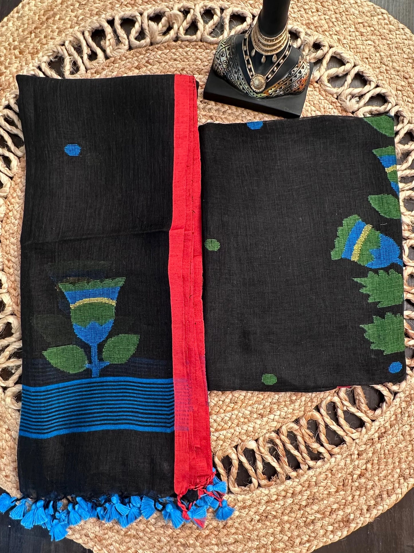 Black Linen Dhakai 2 Piece Kurta Dupatta Unstitched Set
