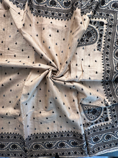 Beige Pure Tussar Silk Saree With Embroidery