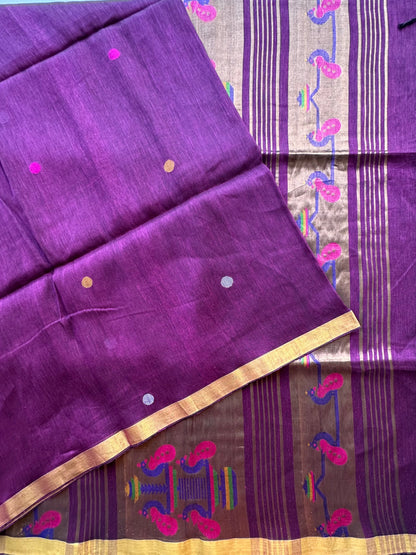 Wine Fancy Cotton Tissue Saree ( Linen Texture)
