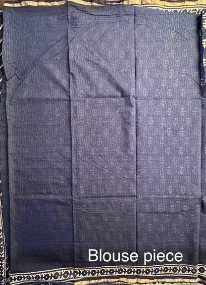 Indigo Blue Printed Cotton Blend Saree
