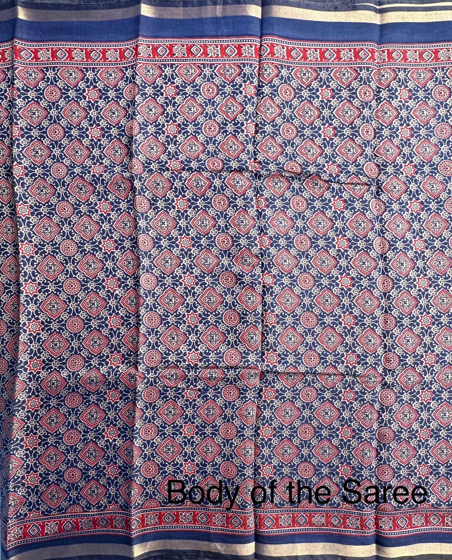 Navy Blue Ajrakh Print Cotton Blend Saree