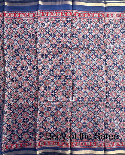 Navy Blue Ajrakh Print Cotton Blend Saree