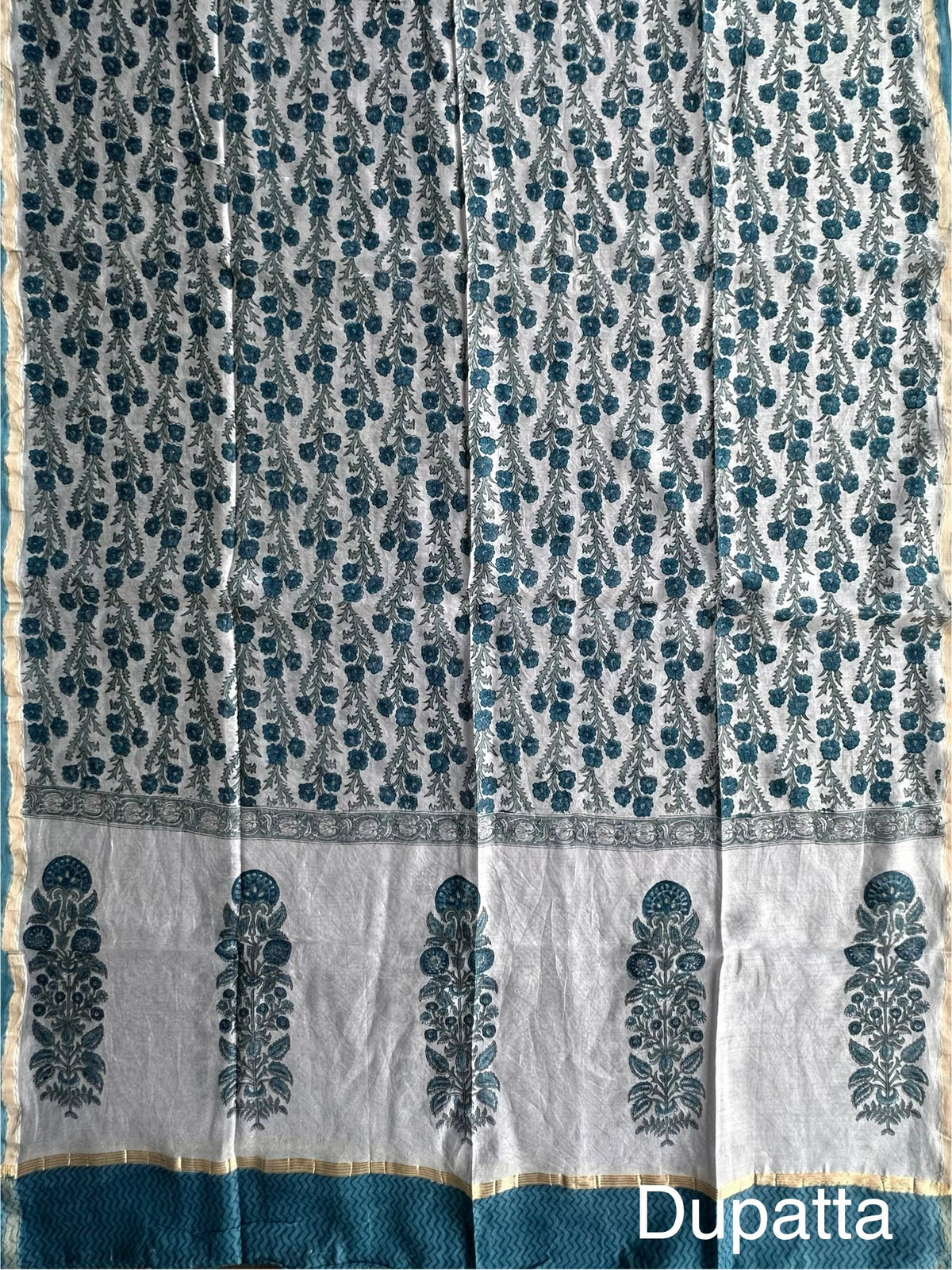 Blue Chanderi Khadi Hand Block Printed 3-Piece Unstitched Suit