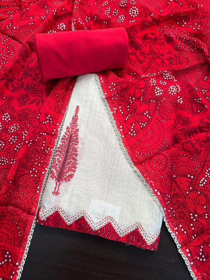 Beige-Red Block Printed Fancy Cotton Suit