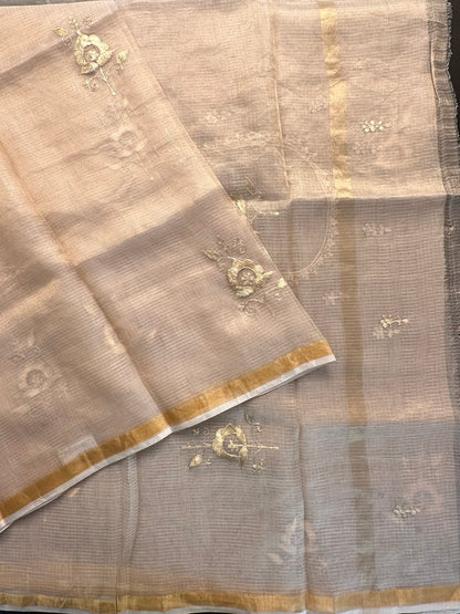 Light Gold Pittan Work Kota Doria Silk Saree