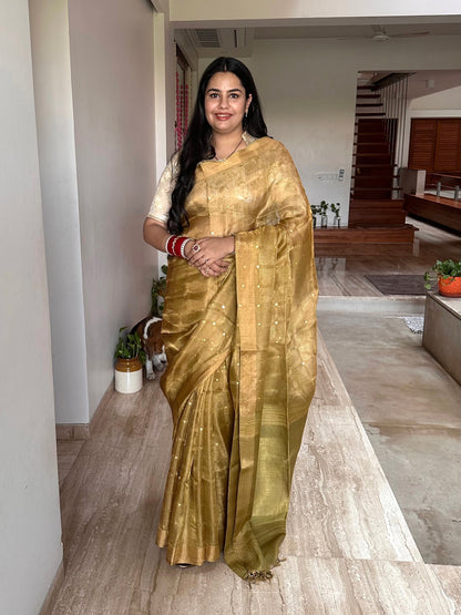 Mehndi Green Emboss Pure Tissue Silk Saree