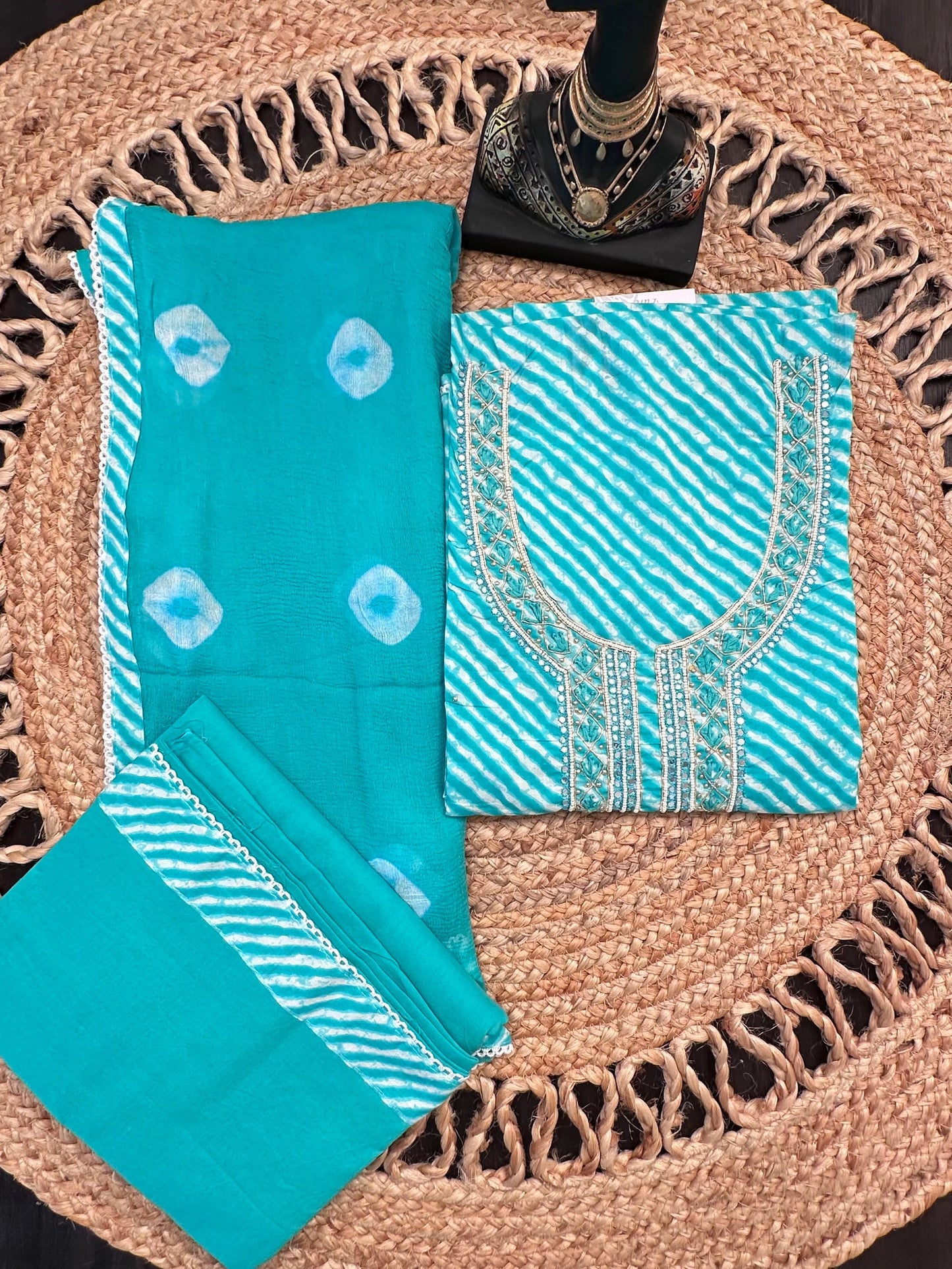 Sea Green Leheriya Jaipuri Cotton Unstitched 3-Piece Suit