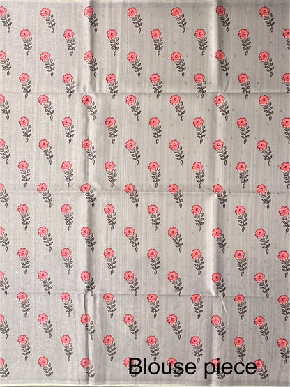 Off White-Grey Printed Art Silk Saree