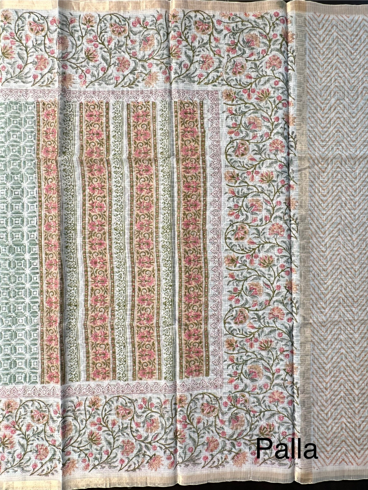 Off White - Grey Block Printed Kota Doria