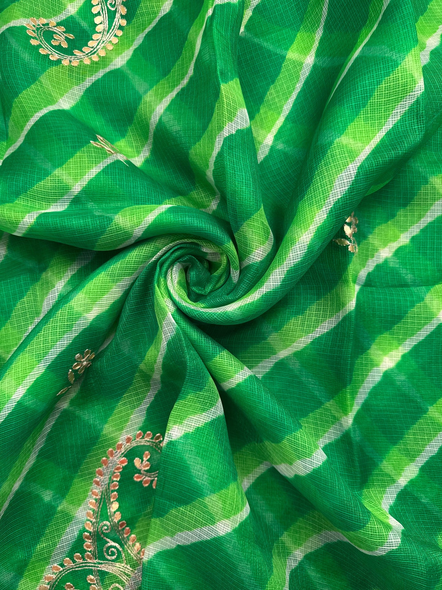 Green Kyra Leheriya Kota Doria Pure Silk Saree With Gota Patti Work