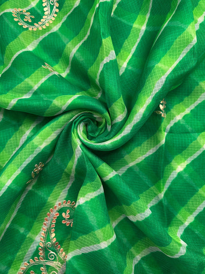 Green Kyra Leheriya Kota Doria Pure Silk Saree With Gota Patti Work