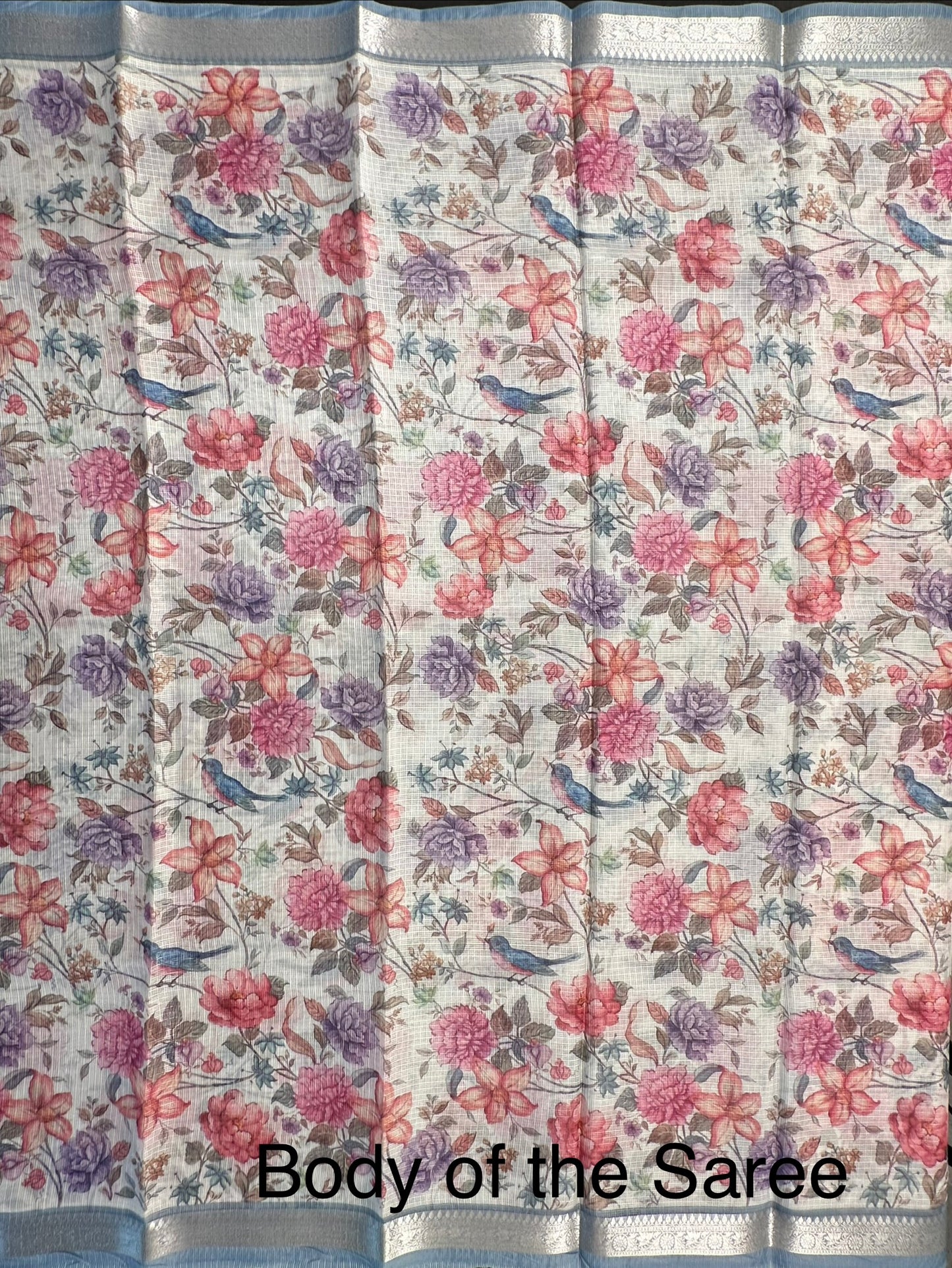 Off White-Grey Floral Kota Doria Saree