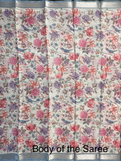 Off White-Grey Floral Kota Doria Saree
