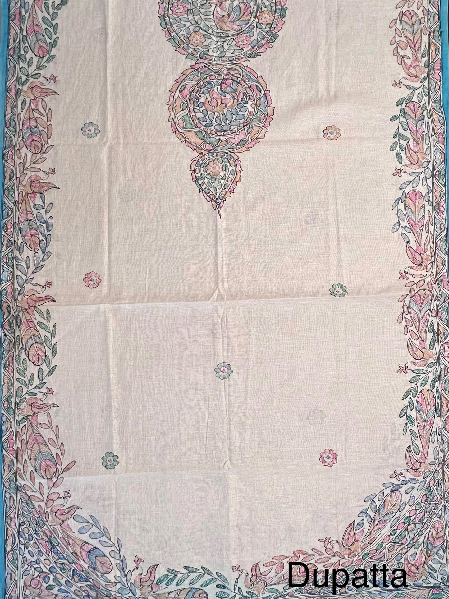 Pastel Blue Chanderi 3-Piece Unstitched Suit with Madhubani Dupatta